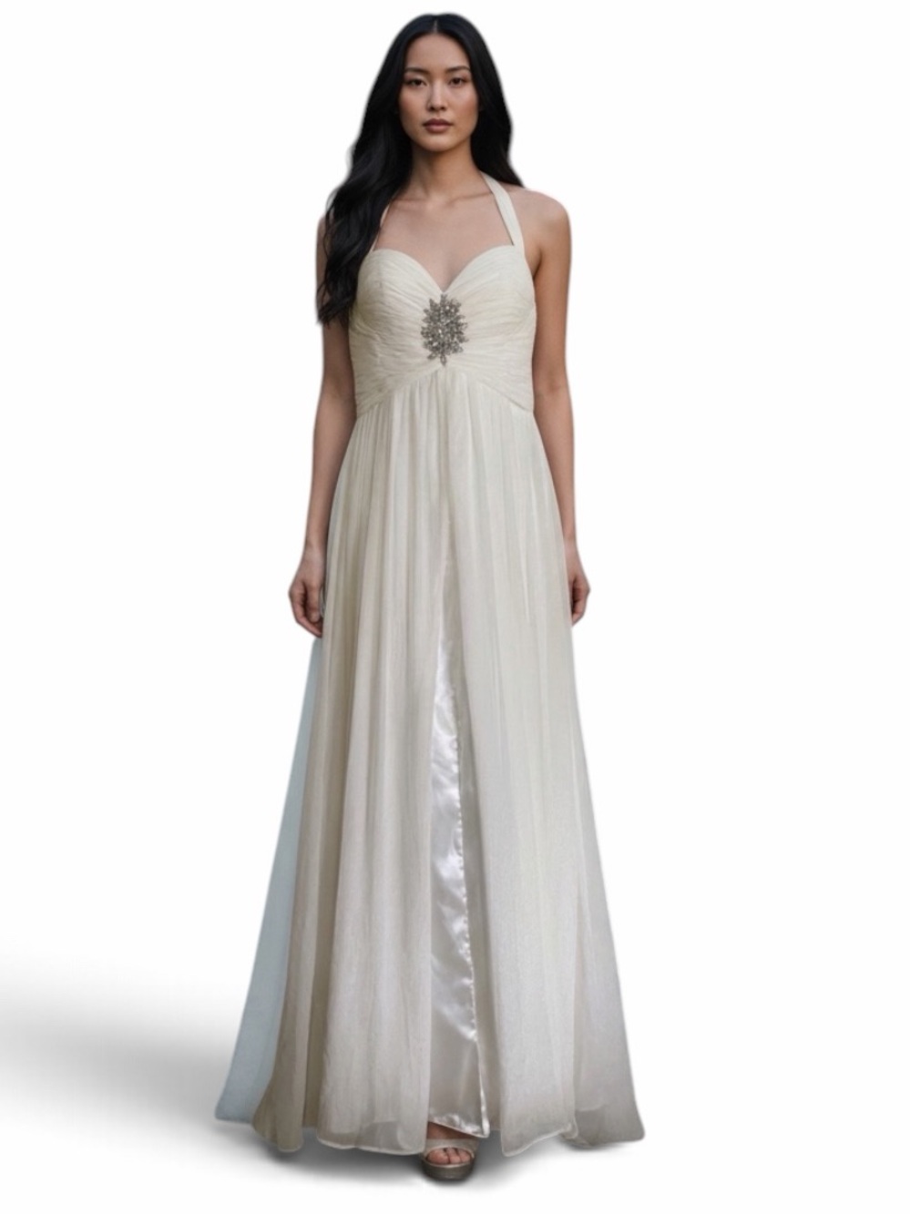 WOW Couture Prom Pageant Gown Chiffon Overlay Satin Babydoll Bodice Top T Back‎